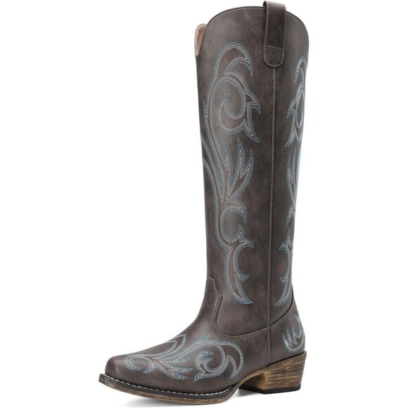 Shoes - Women's Dark Brown Embroidered Cowboy Boots Comfortable Cowgirl Knee High Boots